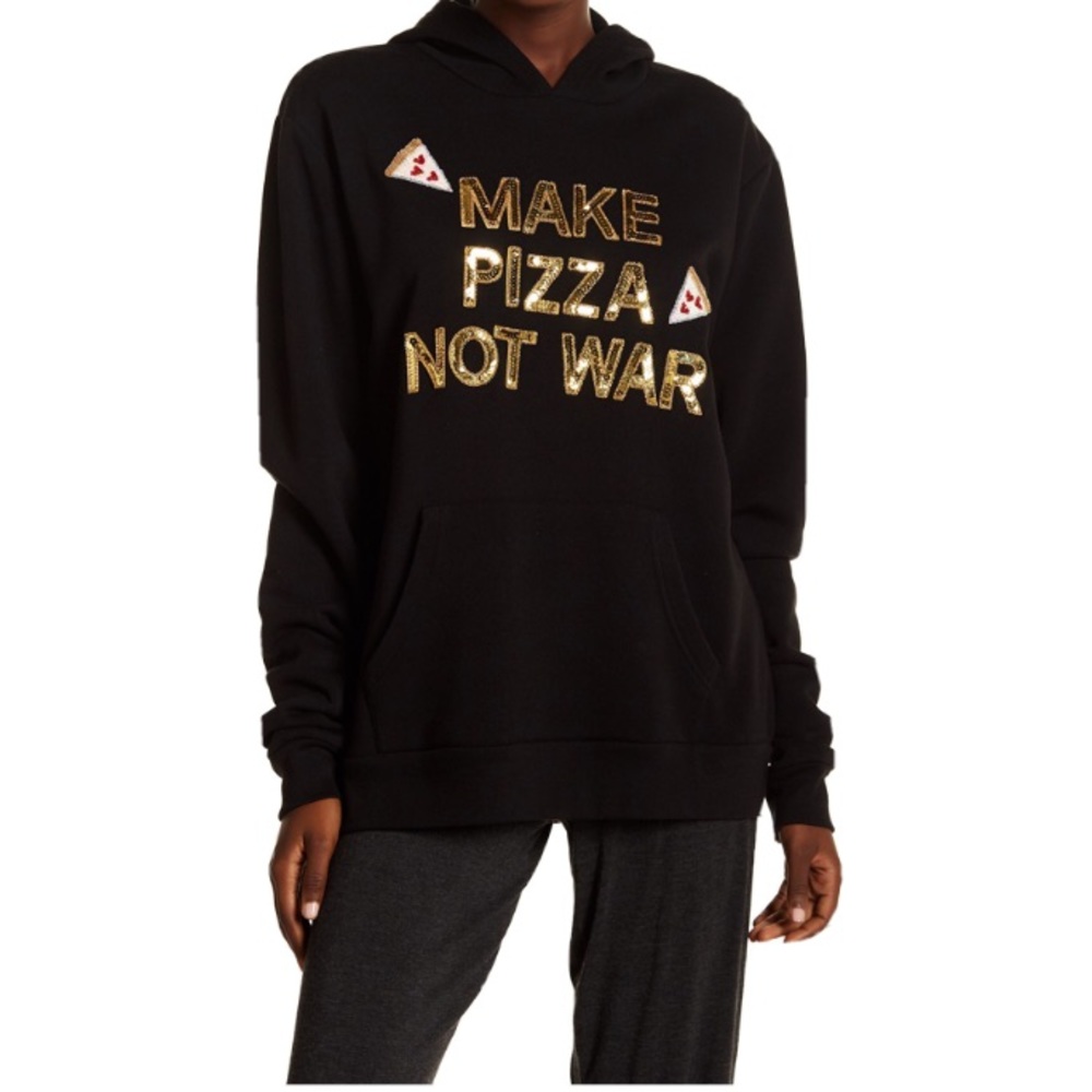 Bow & Drape Black Hoodie Sweatshirt 'Make Pizza Not War' Sequin Detail Sz medium
